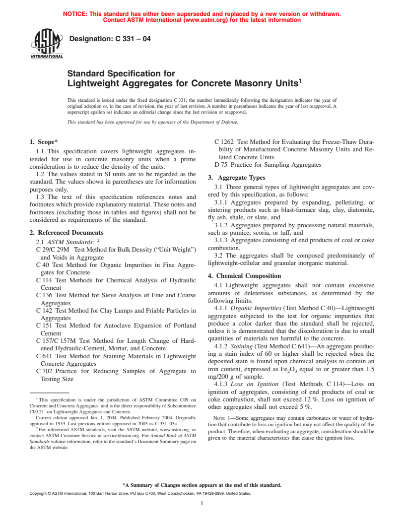 ASTM C331-04 - Standard Specification for Lightweight Aggregates for Concrete Masonry Units