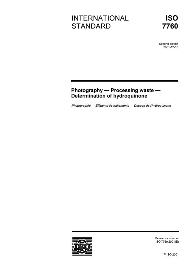 ISO 7760:2001 - Photography -- Processing waste -- Determination of hydroquinone