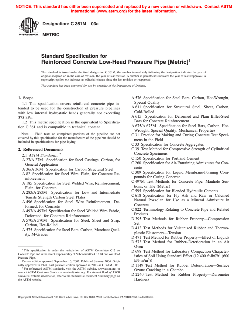 ASTM C361M-03a - Standard Specification for Reinforced Concrete Low-Head Pressure Pipe (Metric)