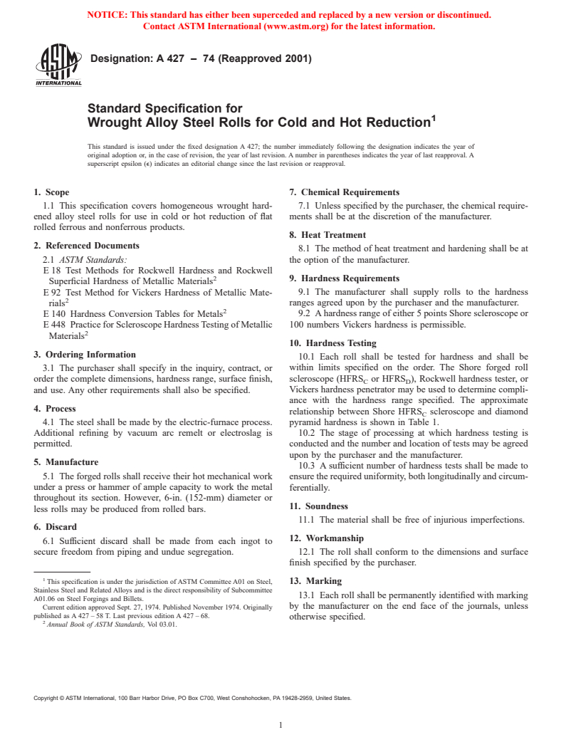 ASTM A427-74(2001) - Standard Specification for Wrought Alloy Steel Rolls for Cold and Hot Reduction