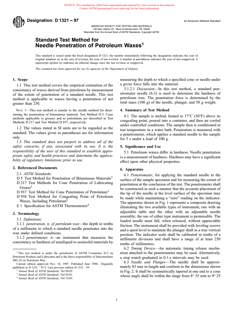 ASTM D1321-97 - Standard Test Method for Needle Penetration of Petroleum Waxes