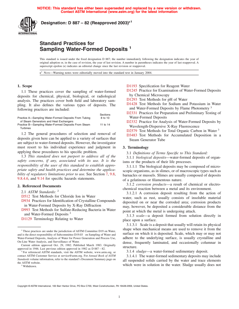 ASTM D887-82(2003)e1 - Standard Practices for Sampling Water-Formed Deposits