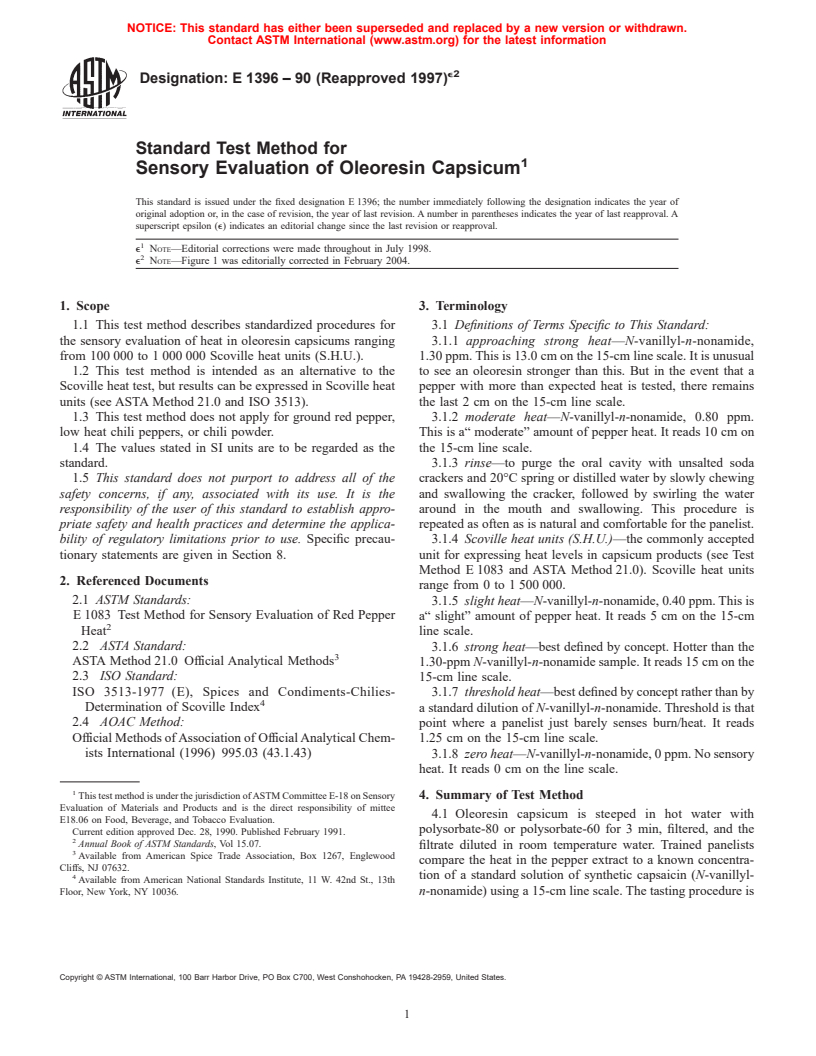 ASTM E1396-90(1997)e2 - Standard Test Method for Sensory Evaluation of Oleoresin Capsicum