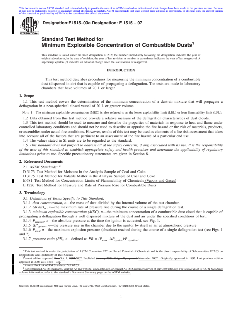 REDLINE ASTM E1515-07 - Standard Test Method for Minimum Explosible Concentration of Combustible Dusts