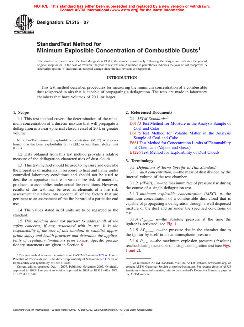 ASTM E1515-07 - Standard Test Method for Minimum Explosible Concentration of Combustible Dusts