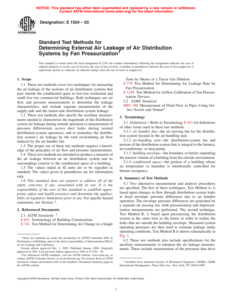 ASTM E1554-03 - Standard Test Methods for Determining External Air Leakage of Air Distribution Systems by Fan Pressurization