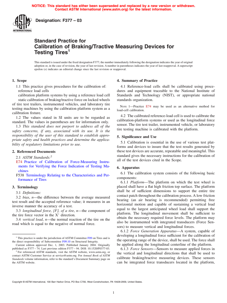 ASTM F377-03 - Standard Practice for Calibration of Braking/Tractive Measuring Devices for Testing Tires