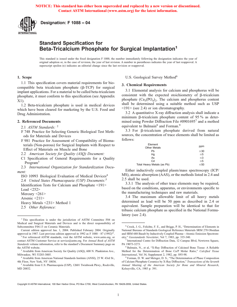 ASTM F1088-04 - Standard Specification for Beta-Tricalcium Phosphate for Surgical Implantation