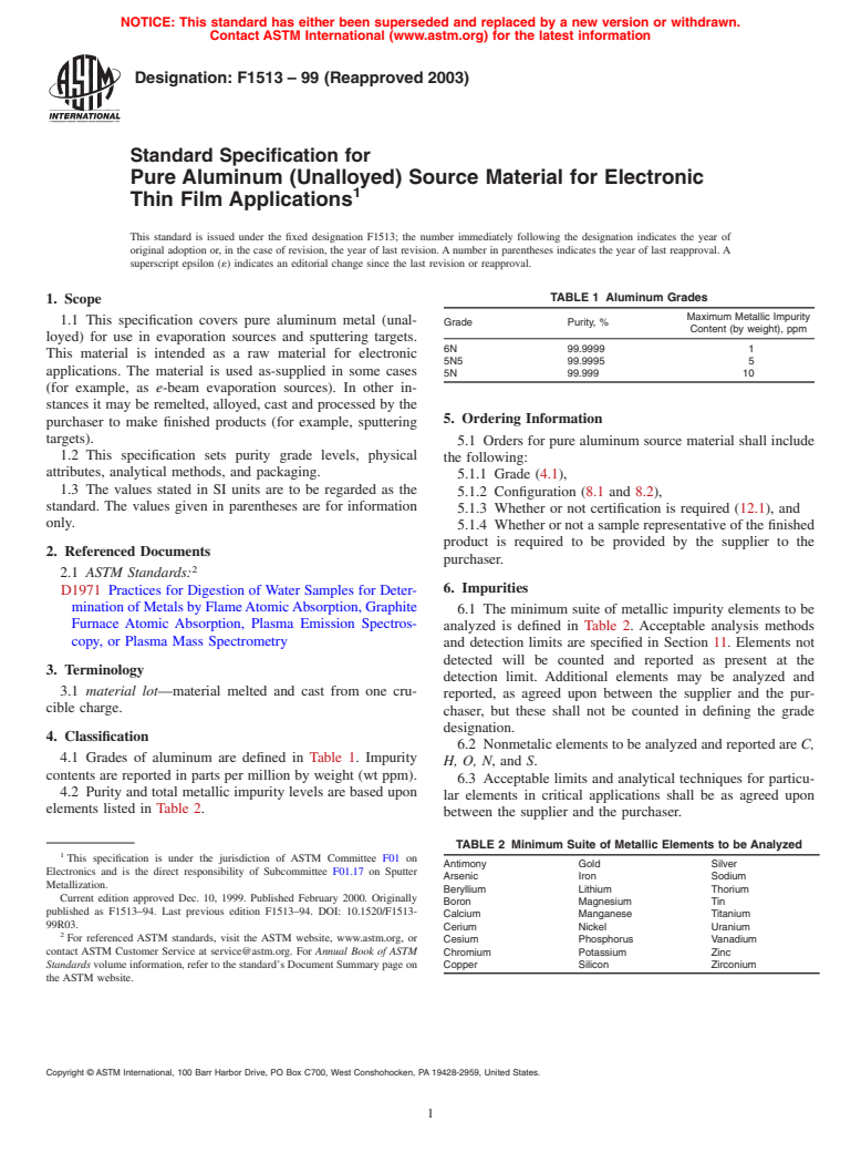 ASTM F1513-99(2003) - Standard Specification for Pure Aluminum (Unalloyed) Source Material for Electronic Thin Film Applications