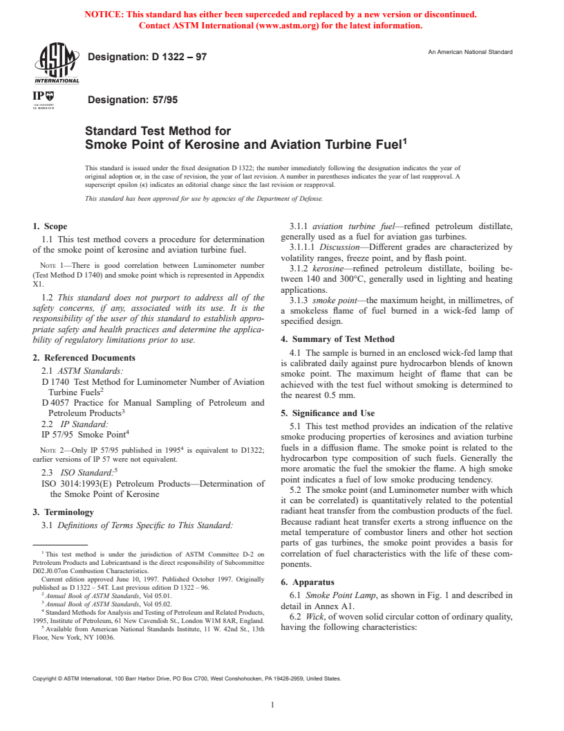 ASTM D1322-97 - Standard Test Method for Smoke Point of Kerosine and Aviation Turbine Fuel