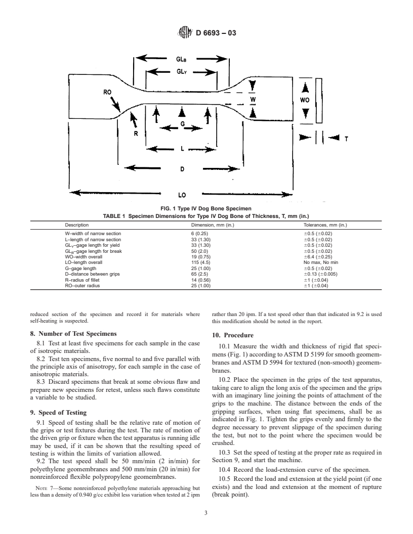 ASTM D6693-03 - Standard Test Method for Determining Tensile Properties of Nonreinforced Polyethylene and Nonreinforced Flexible Polypropylene Geomembranes