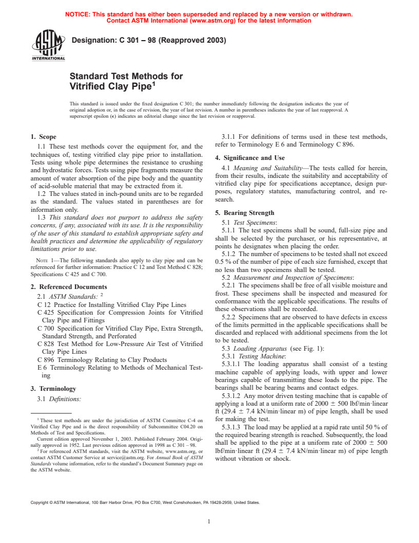 ASTM C301-98(2003) - Standard Test Methods for Vitrified Clay Pipe