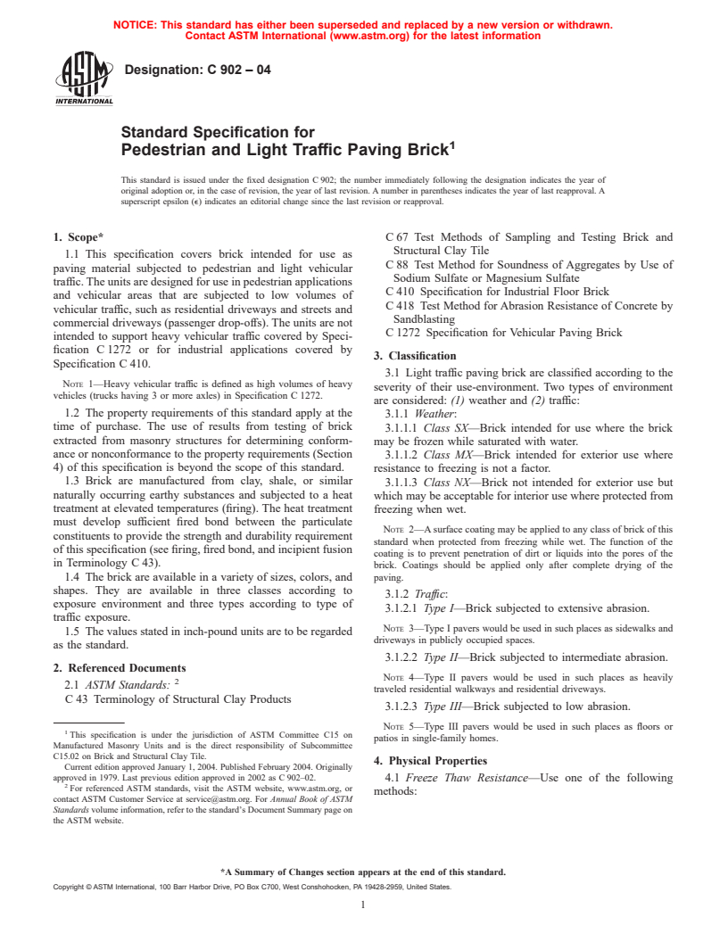 ASTM C902-04 - Standard Specification for Pedestrian and Light Traffic Paving Brick