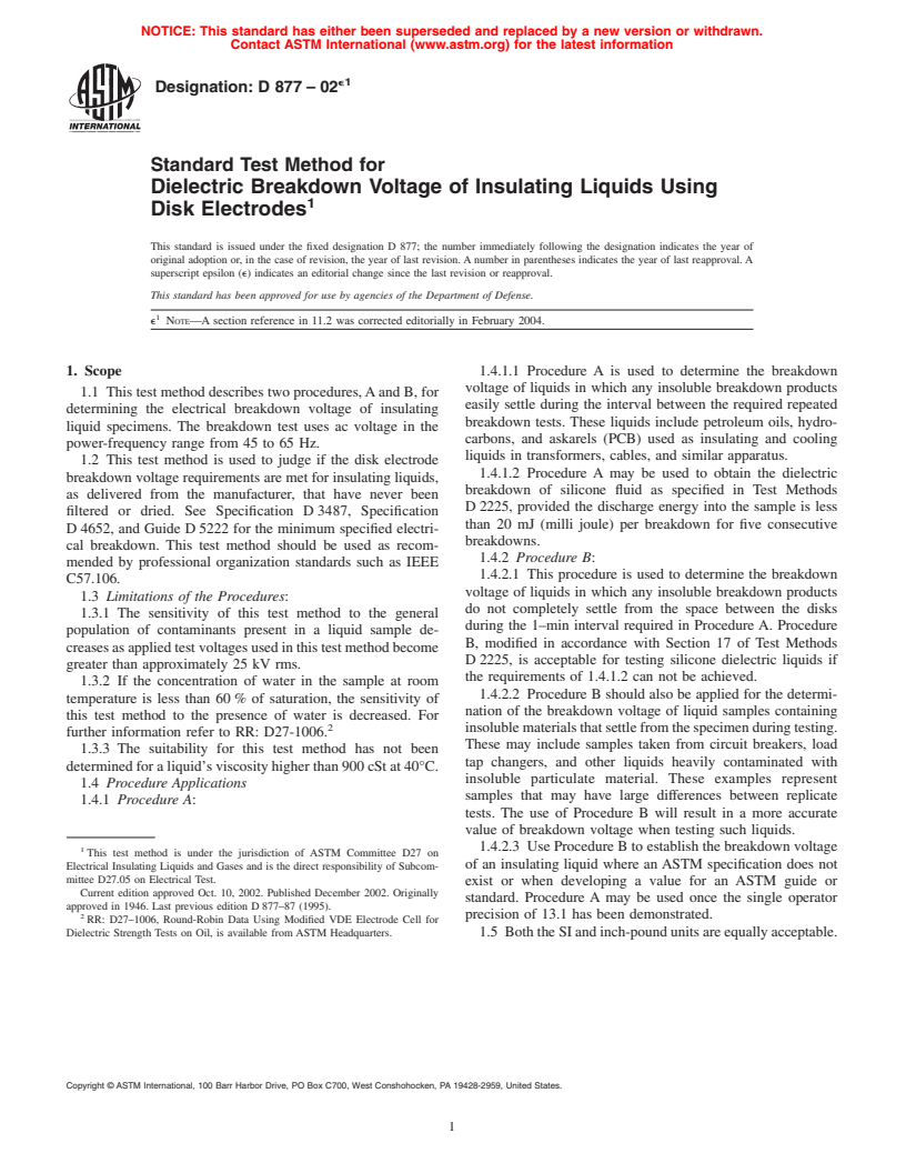 ASTM D877-02e1 - Standard Test Method for Dielectric Breakdown Voltage of Insulating Liquids Using Disk Electrodes