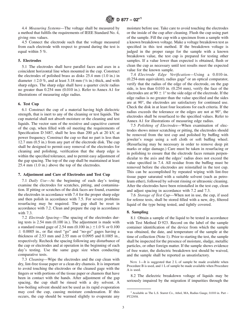 ASTM D877-02e1 - Standard Test Method for Dielectric Breakdown Voltage of Insulating Liquids Using Disk Electrodes