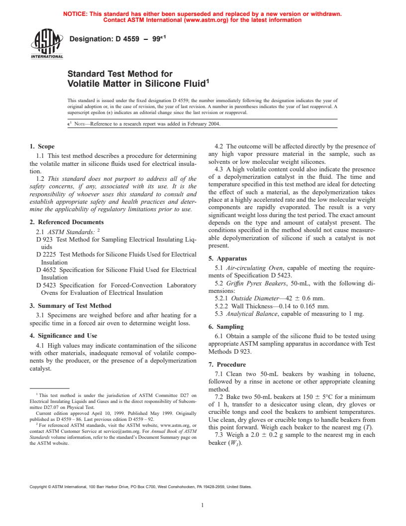 ASTM D4559-99e1 - Standard Test Method for Volatile Matter in Silicone Fluid