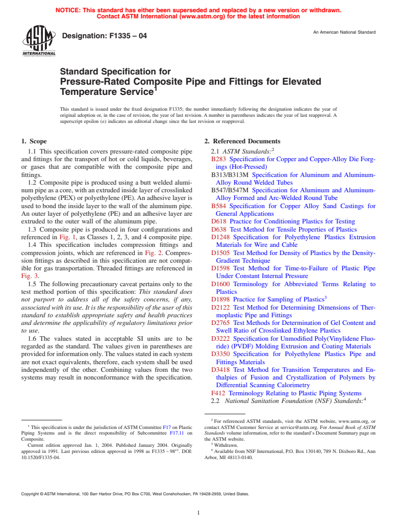 ASTM F1335-04 - Standard Specification for Pressure-Rated Composite Pipe and Fittings for Elevated Temperature Service (Withdrawn 2011)