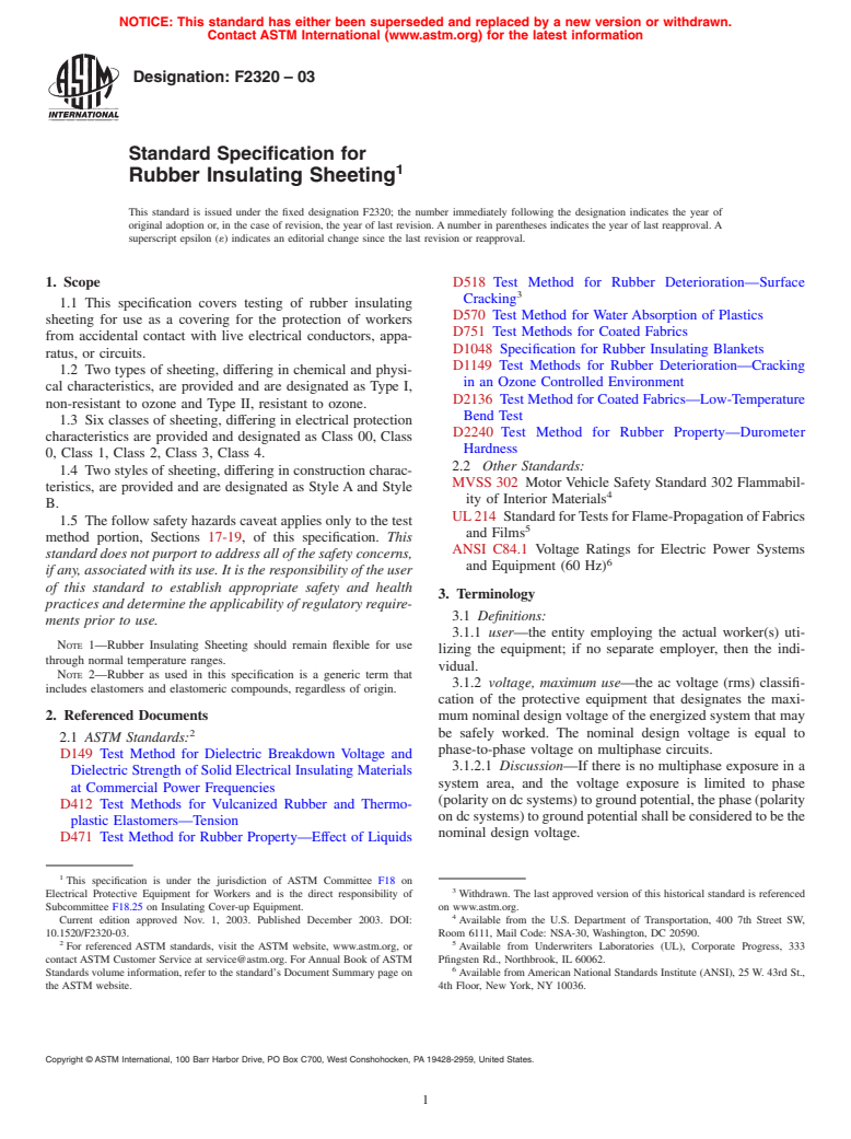 ASTM F2320-03 - Standard Specification for Rubber Insulating Sheeting