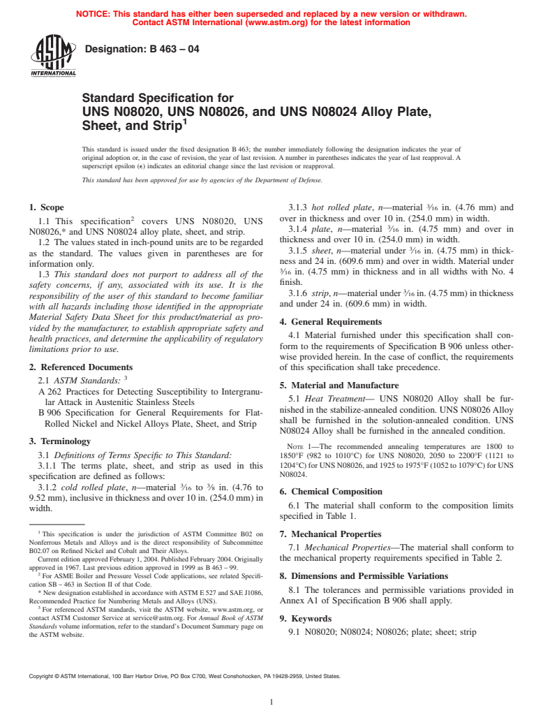 ASTM B463-04 - Standard Specification for UNS N08020, UNS N08026, and UNS N08024 Alloy Plate, Sheet, and Strip