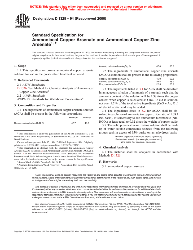 ASTM D1325-94(2000) - Standard Specification for Ammoniacal Copper Arsenate and Ammoniacal Copper Zinc Arsenate (Withdrawn 2006)