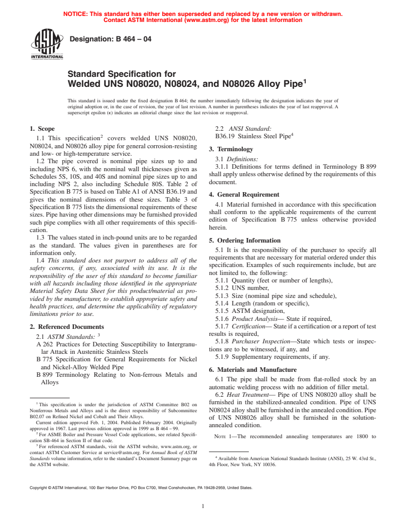 ASTM B464-04 - Standard Specification for Welded UNS N08020, N08024, and N08026 Alloy Pipe