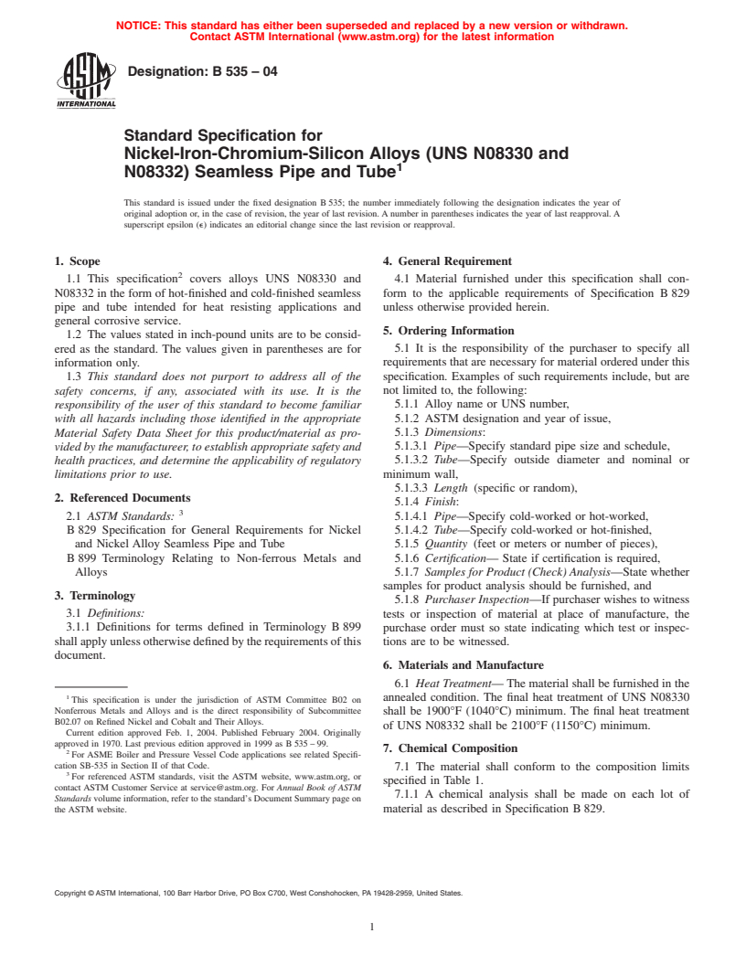 ASTM B535-04 - Standard Specification for Nickel-Iron-Chromium-Silicon Alloys (UNS N08330 and N08332) Seamless Pipe and Tube