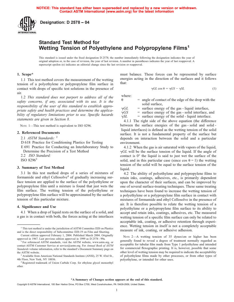 ASTM D2578-04 - Standard Test Method for Wetting Tension of Polyethylene and Polypropylene Films