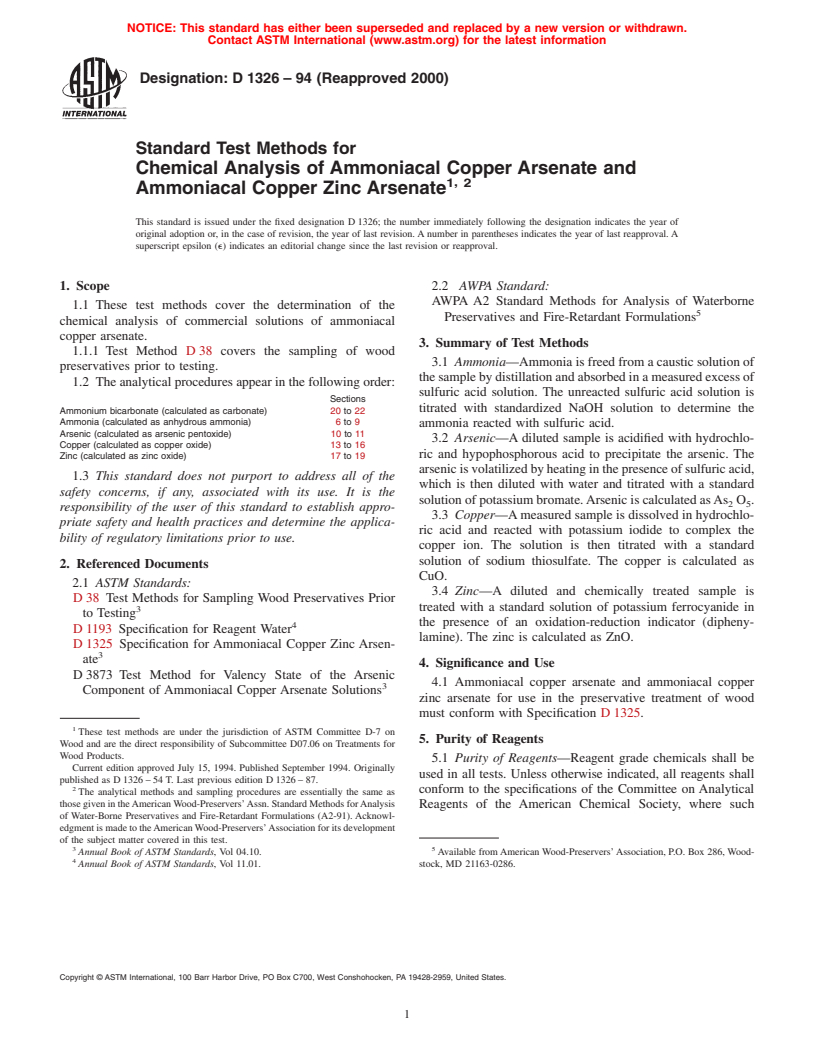 ASTM D1326-94(2000) - Standard Test Methods for Chemical Analysis of Ammoniacal Copper Arsenate and Ammoniacal Copper Zinc Arsenate (Withdrawn 2006)