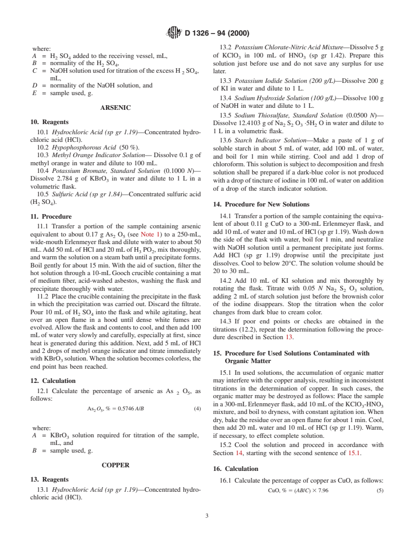 ASTM D1326-94(2000) - Standard Test Methods for Chemical Analysis of Ammoniacal Copper Arsenate and Ammoniacal Copper Zinc Arsenate (Withdrawn 2006)