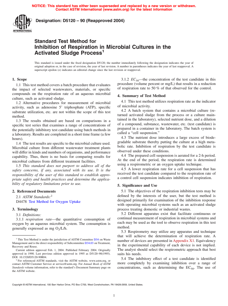 ASTM D5120-90(2004) - Standard Test Method for Inhibition of Respiration in Microbial Cultures in the Activated Sludge Process