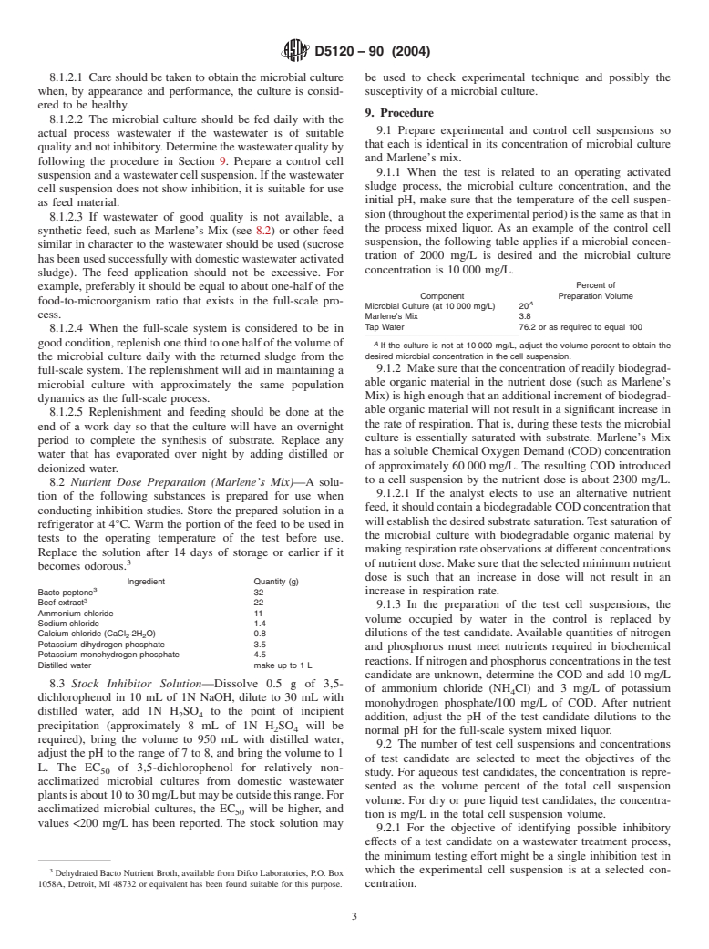 ASTM D5120-90(2004) - Standard Test Method for Inhibition of Respiration in Microbial Cultures in the Activated Sludge Process