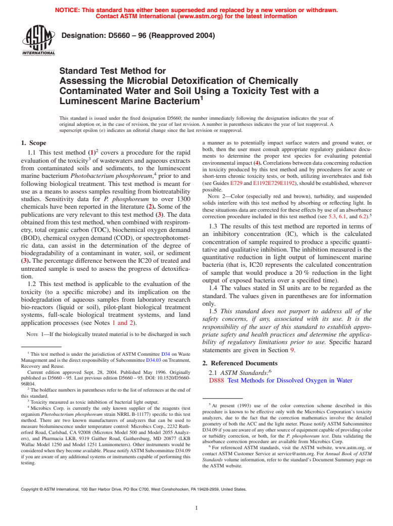 ASTM D5660-96(2004) - Standard Test Method for Assessing the Microbial Detoxification of Chemically Contaminated Water and Soil Using a Toxicity Test with a Luminescent Marine Bacterium