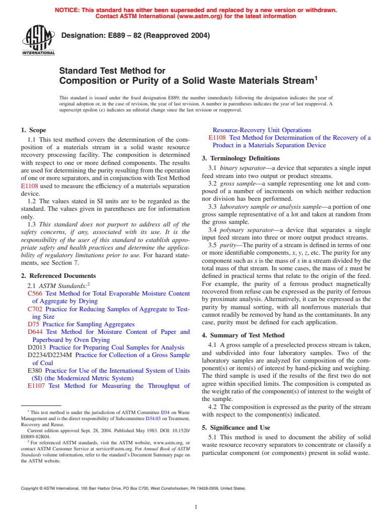 ASTM E889-82(2004) - Standard Test Method for Composition or Purity of a Solid Waste Materials Stream