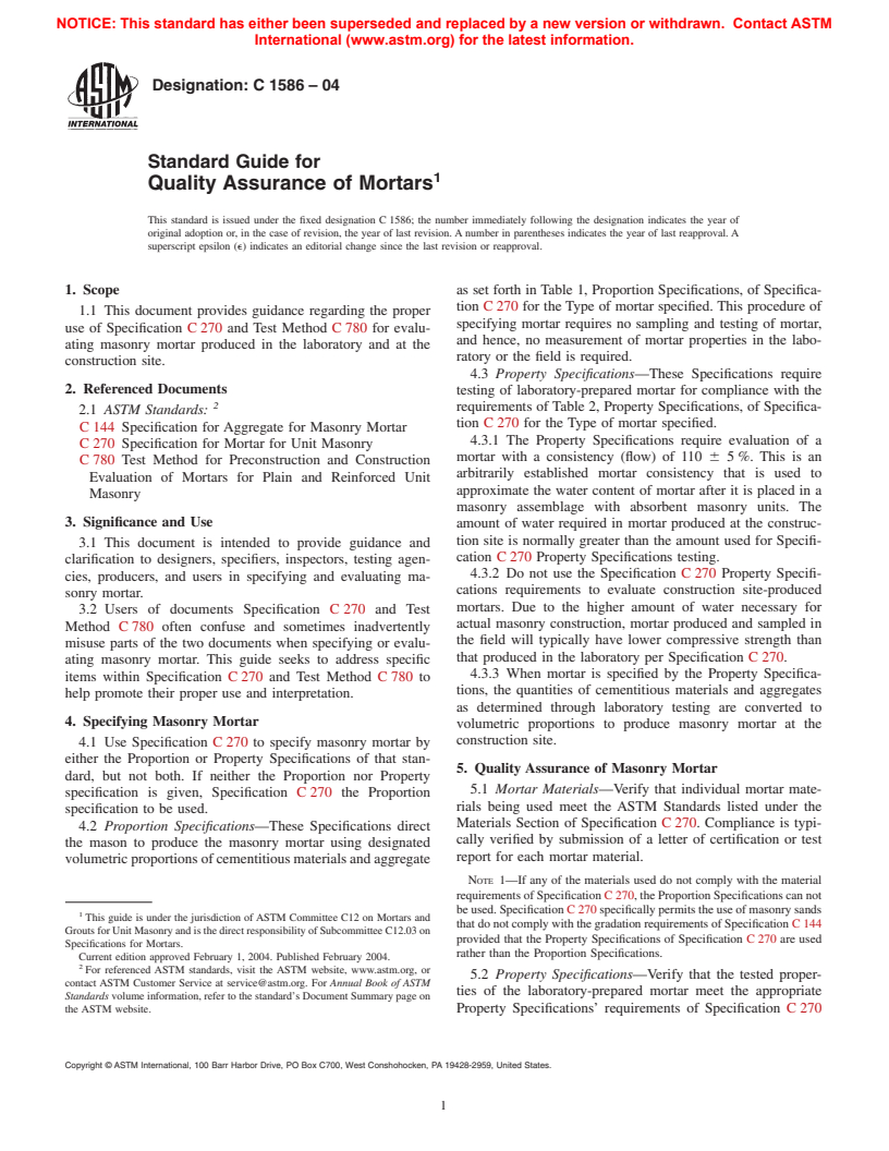 ASTM C1586-04 - Standard Guide for Quality Assurance of Mortars