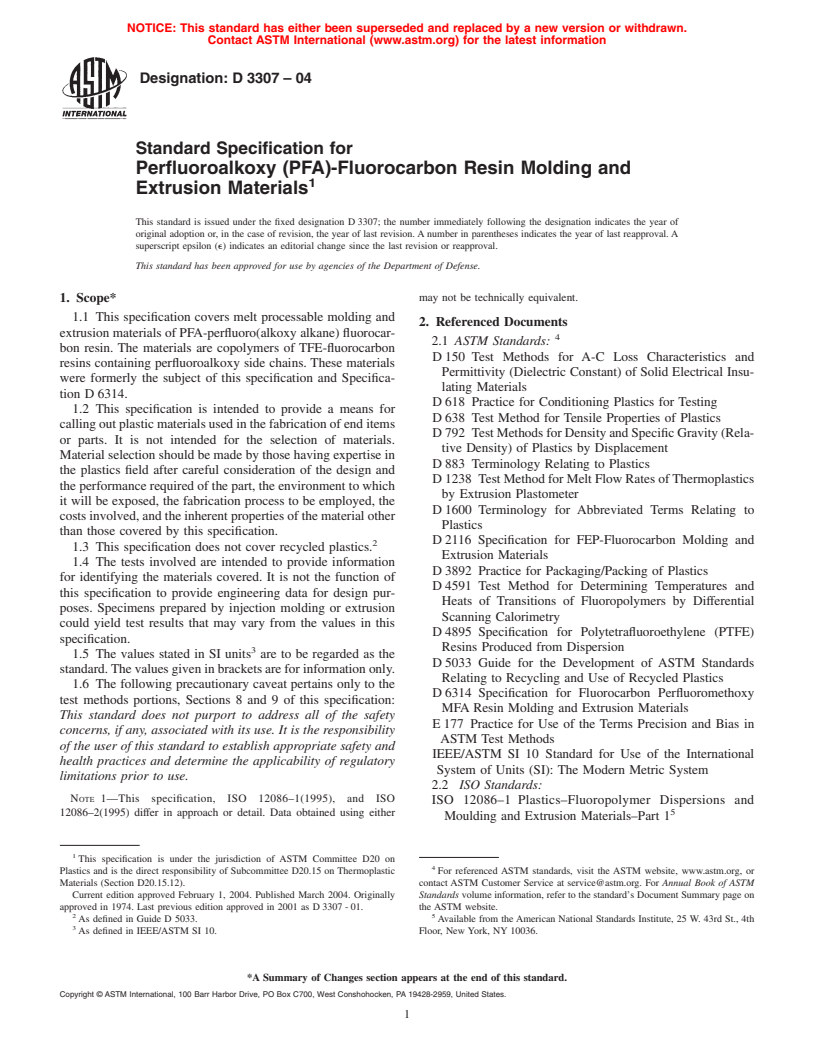 ASTM D3307-04 - Standard Specification for Perfluoroalkoxy (PFA)-Fluorocarbon Resin Molding and Extrusion Materials