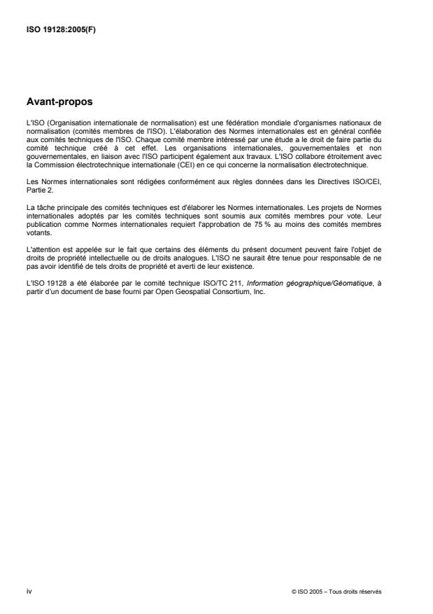 ISO 19128:2005 ISO 19128:2005 - Information géographique -- Interface de carte du serveur Web - Page 4 preview