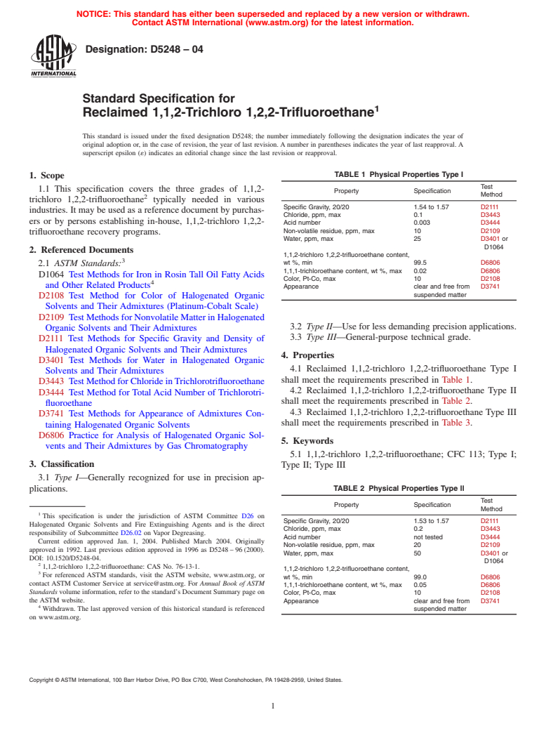 ASTM D5248-04 - Standard Specification for Reclaimed 1,1,2-Trichloro 1,2,2-Trifluoroethane