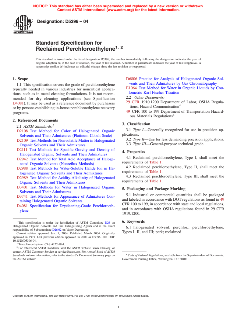 ASTM D5396-04 - Standard Specification for Reclaimed Perchloroethylene