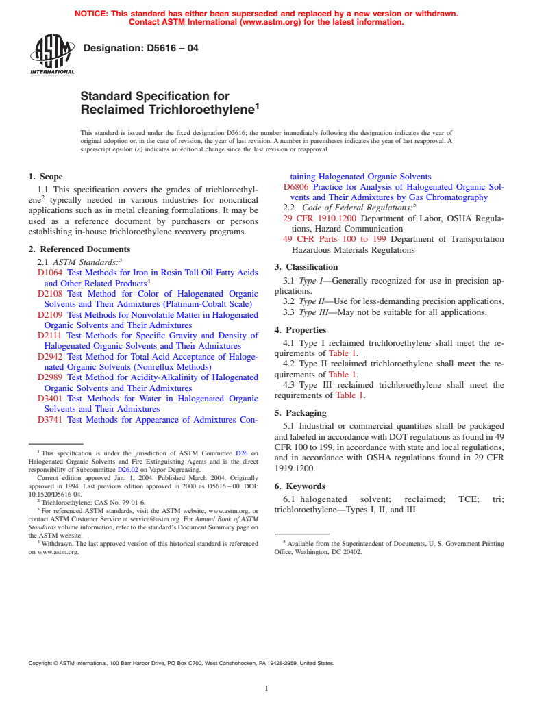 ASTM D5616-04 - Standard Specification for Reclaimed Trichloroethylene