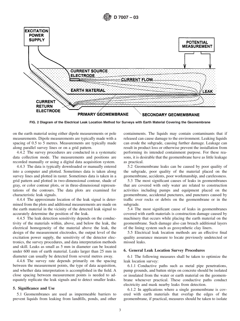 ASTM D7007-03 - Standard Practices for Electrical Methods for Locating Leaks in Geomembranes Covered with Water or Earth Materials