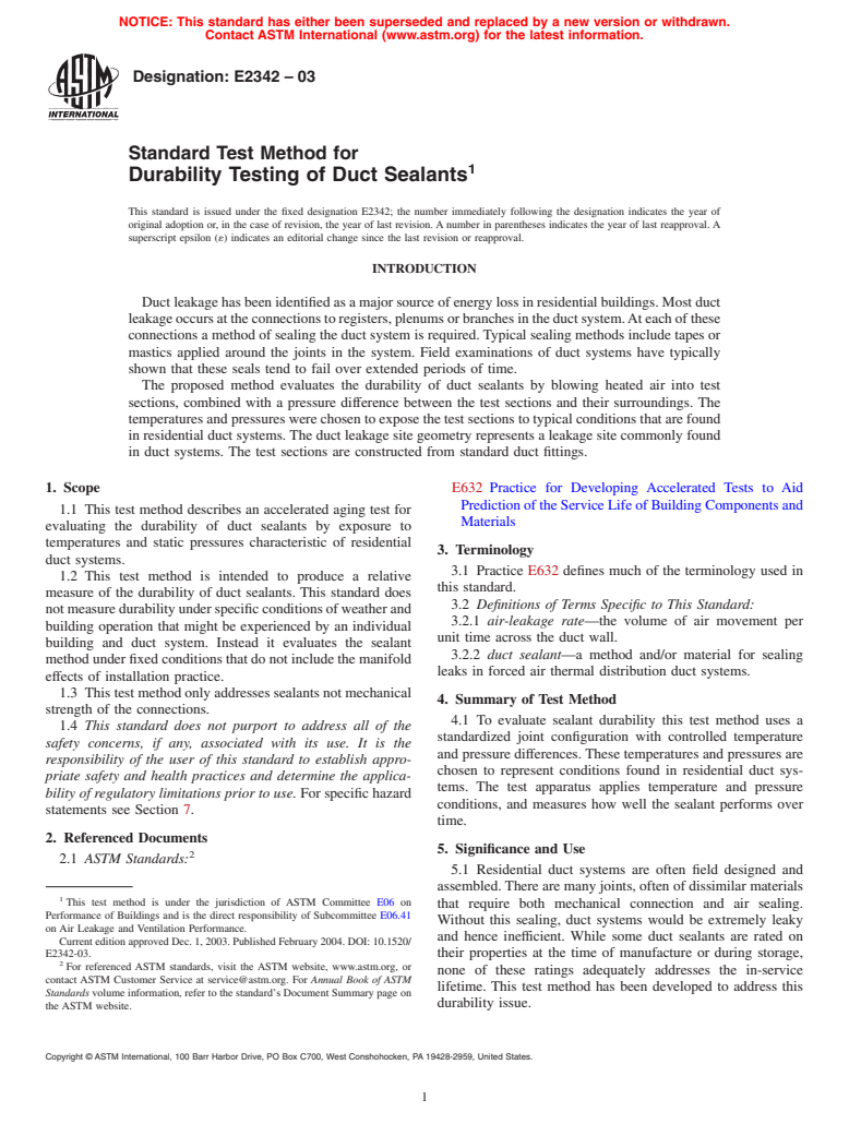 ASTM E2342-03 - Standard Test Method for Durability Testing of Duct Sealants