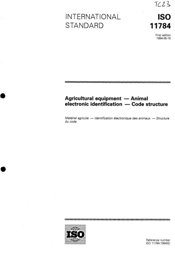ISO 11784:1994 - Agricultural equipment -- Animal electronic identification -- Code structure