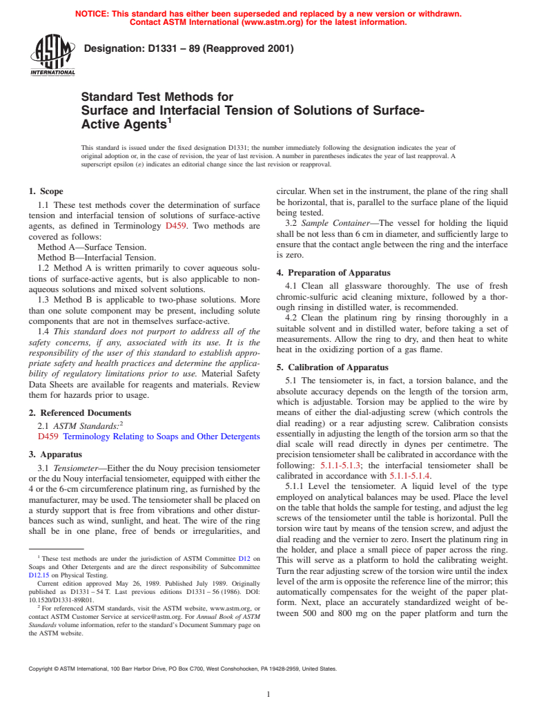 ASTM D1331-89(2001) - Standard Test Methods for Surface and Interfacial Tension of Solutions of Surface-Active Agents (Withdrawn 2010)