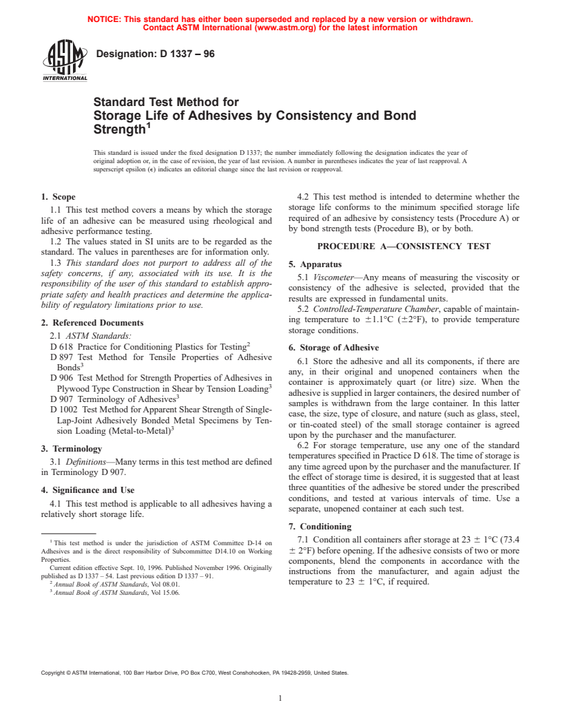 ASTM D1337-96 - Standard Test Method for Storage Life of Adhesives by Consistency and Bond Strength