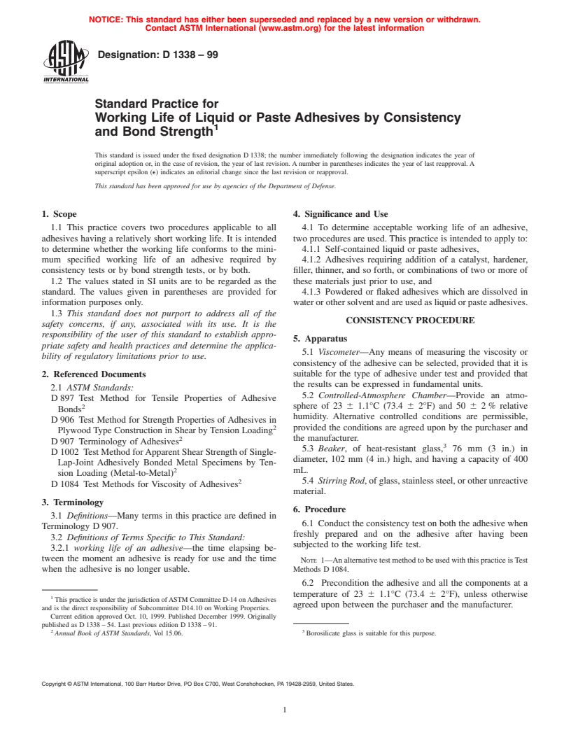 ASTM D1338-99 - Standard Practice for Working Life of Liquid or Paste Adhesives by Consistency and Bond Strength