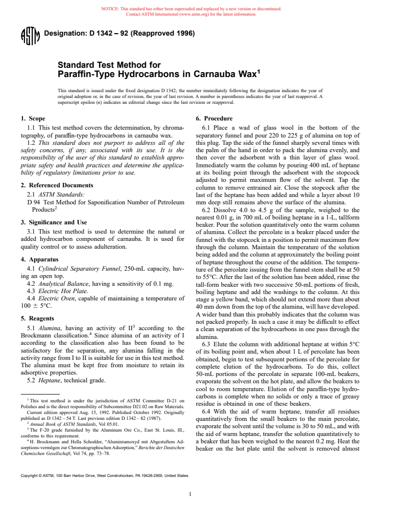 ASTM D1342-92(1996) - Standard Test Method for Paraffin-Type Hydrocarbons in Carnauba Wax