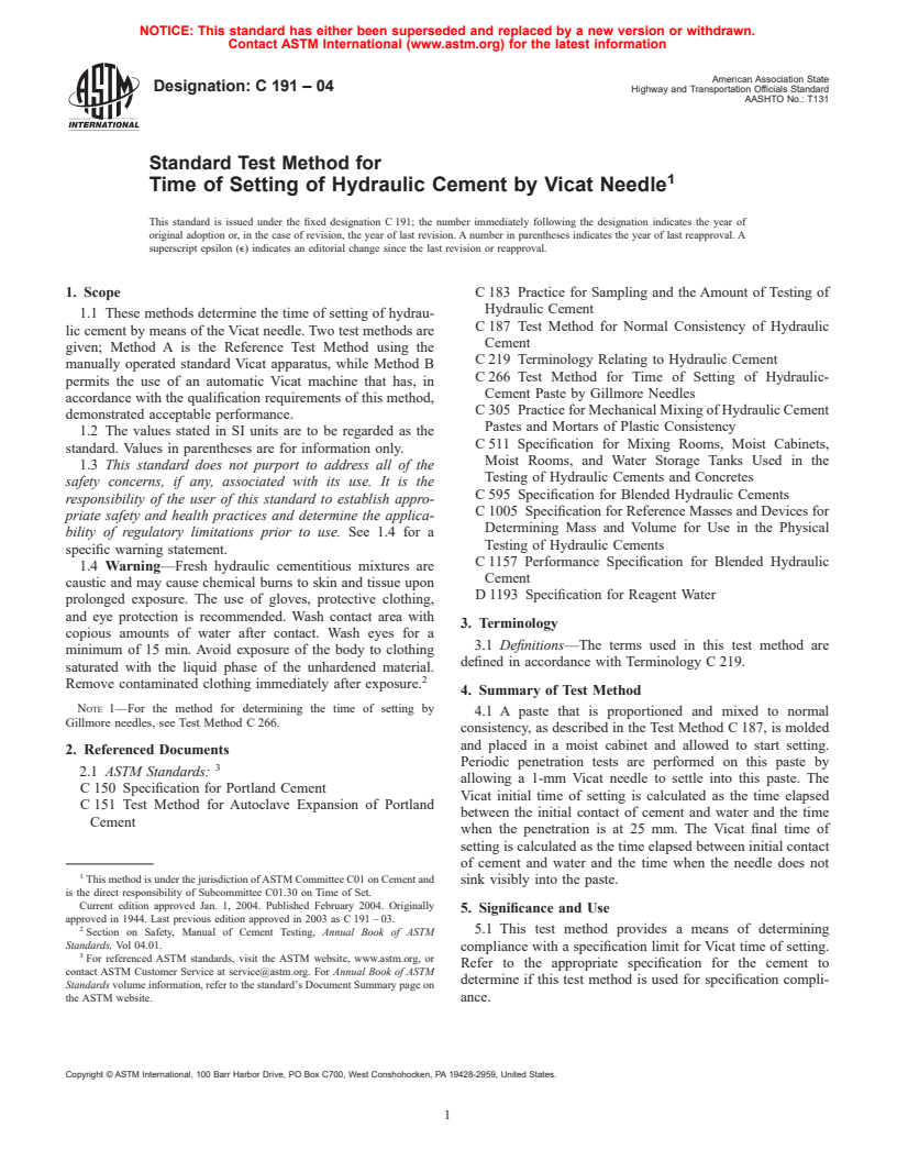 ASTM C191-04 - Standard Test Method for Time of Setting of Hydraulic Cement by Vicat Needle