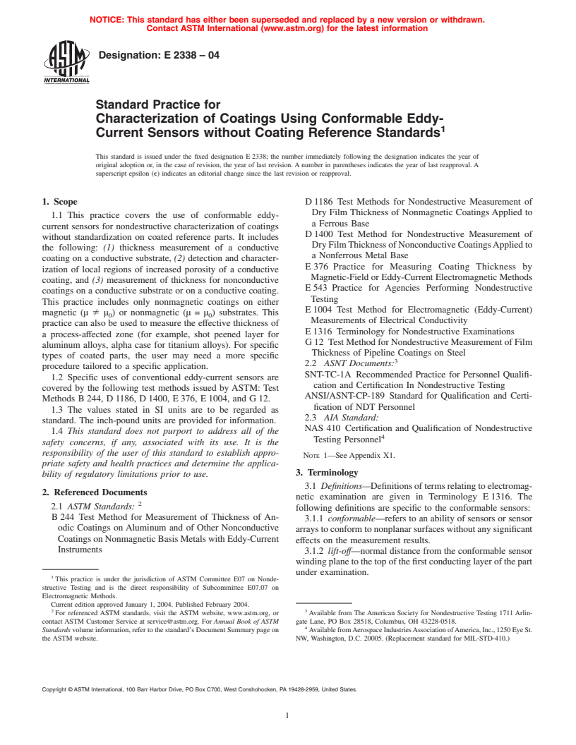 ASTM E2338-04 - Standard Practice for Characterization of Coatings Using Conformable Eddy-Current Sensors without Coating Reference Standards