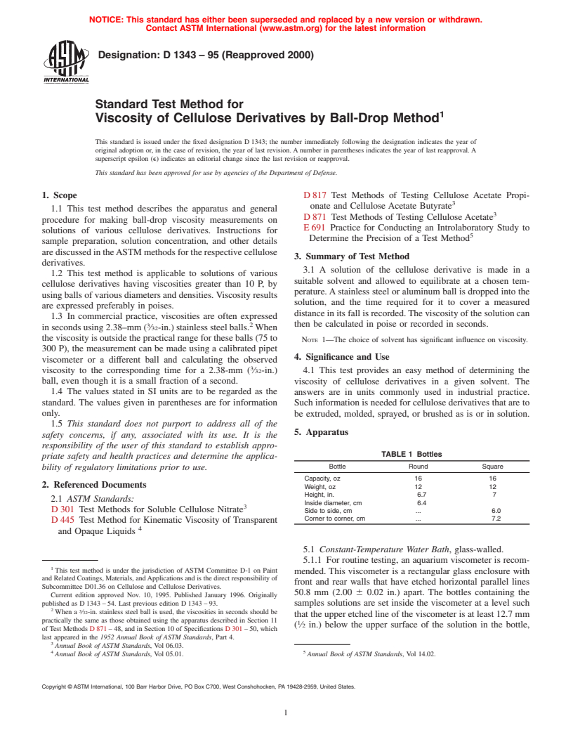 ASTM D1343-95(2000) - Standard Test Method for Viscosity of Cellulose Derivatives by Ball-Drop Method