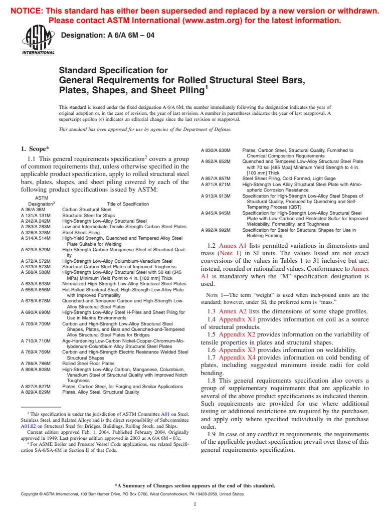 ASTM A6/A6M-04 - Standard Specification for General Requirements for Rolled Structural Steel Bars, Plates, Shapes, and Sheet Piling